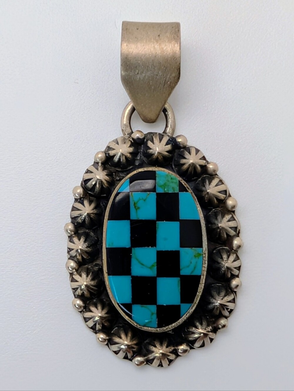 Turquoise & Black Onyx Checkered S925 Sterling Silver Pendant